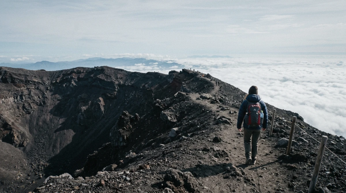 A climber walking the crater rim above the clouds during the best time to climb Mount Fuji in late August