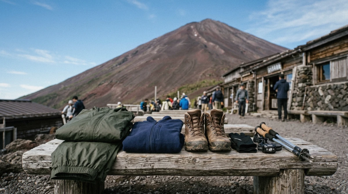 Layered climbing jacket, gloves, headlamp and trekking poles laid out for a Mount Fuji climb in Japan