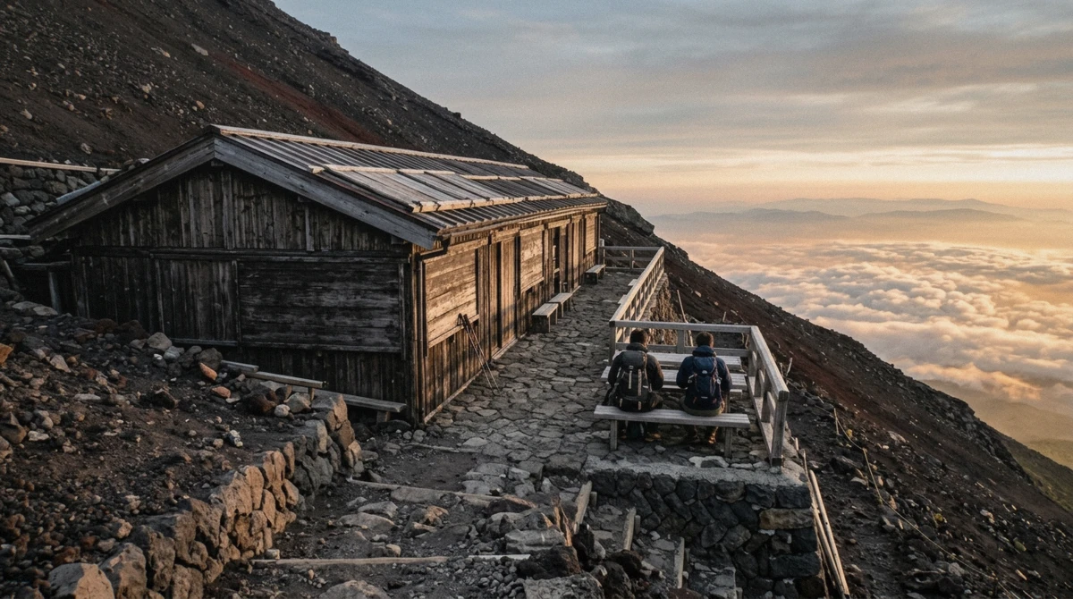 An 8th-station hut at first light on the volcanic slope, the overnight stop climbers secure with a Mount Fuji mountain hut reservation