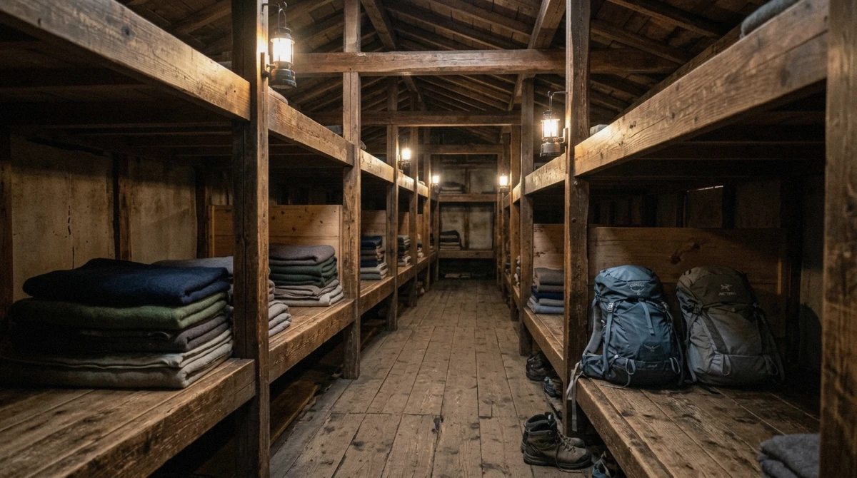 Wooden bunk platforms inside a Mount Fuji mountain hut where climbers pay for a night's stay during the climbing season