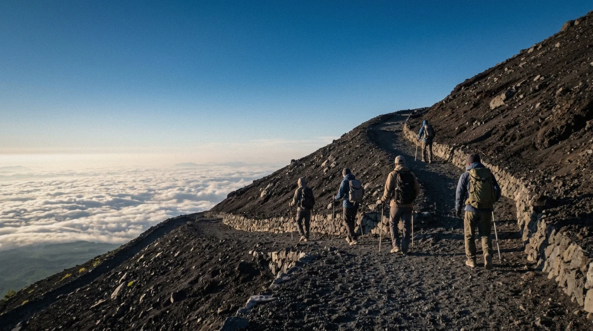 A spaced line of climbers ascending a well-marked Mount Fuji trail in early morning light, showing how safe climbing Mount Fuji is with steady pacing