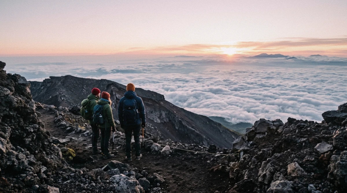 Climbers watching the goraiko sunrise after leaving their Mount Fuji mountain hut reservation for the final summit push
