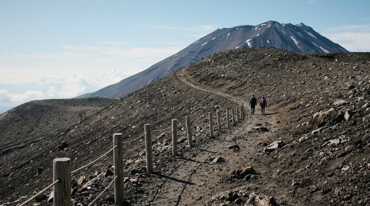 A nearly empty weekday trail high on the volcanic slope during the best time to climb Mount Fuji in late July