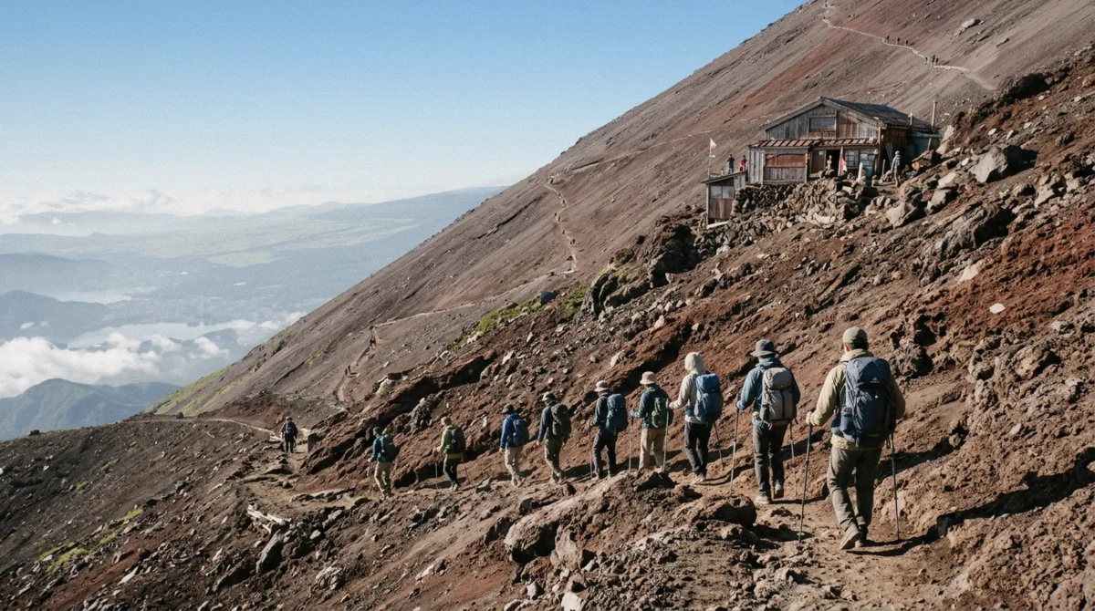 Hikers climbing the Yoshida trail switchbacks during the best time to climb Mount Fuji in July